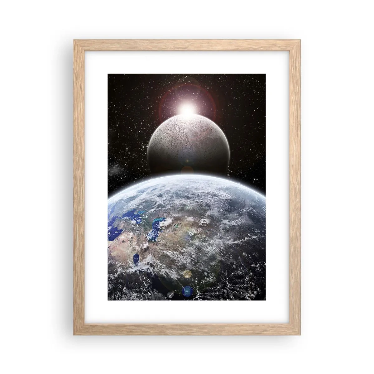 Poster in einem Rahmen aus heller Eiche - Weltraumlandschaft - Sonnenaufgang - 30x40 cm