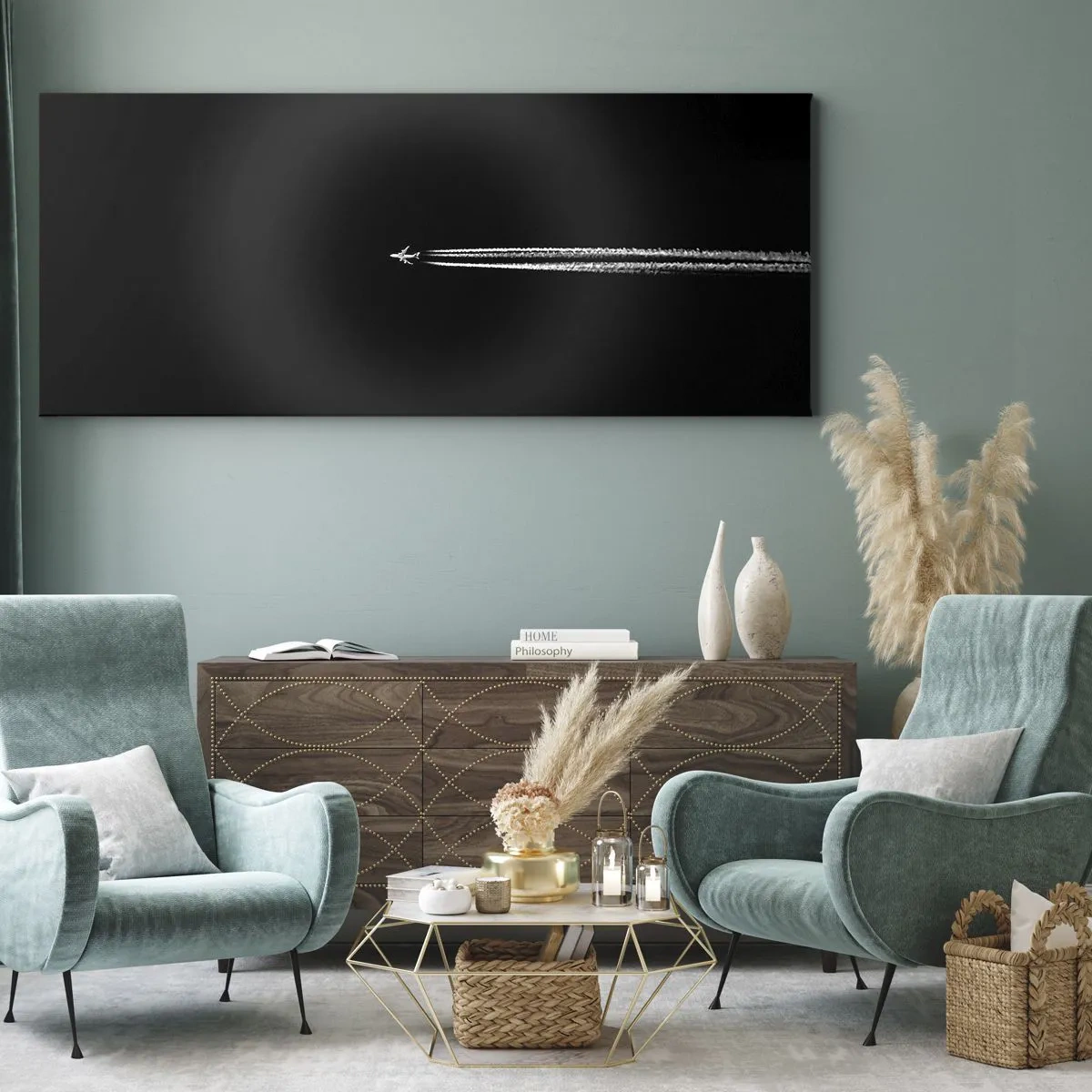Bild auf Leinwand - Leinwandbild - Ein Düsenflugzeug mit sichtbarem Kondensstreifen auf schwarzem Hintergrund - 160x50cm - In eine andere Dimension - Moderne Wanddekoration für Wohnzimmer und Schlafzimmer ARTTOR
