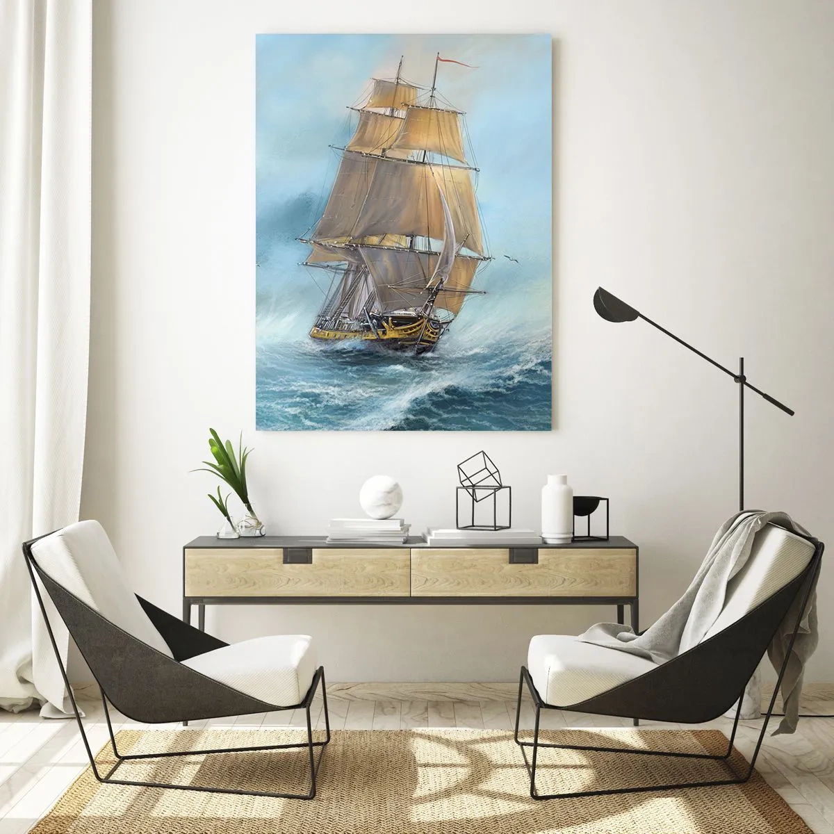 Glasbild - Bild auf glas - Ein Segelschiff auf stürmischer See im malerischen Stil - 50x70cm - Über die Wellen gleiten - Moderne Wanddekoration für Wohnzimmer und Schlafzimmer ARTTOR