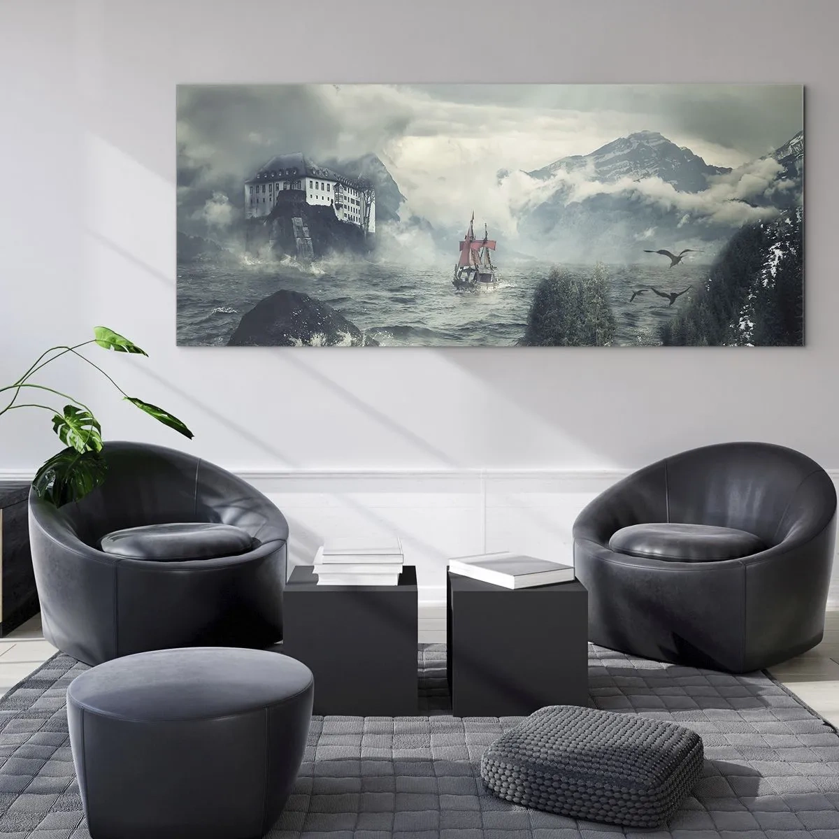 Glasbild - Bild auf glas - Eine geheimnisvolle Landschaft mit einem Schloss, Bergen und einem Schiff - 160x50cm - In magischen Gewässern - Moderne Wanddekoration für Wohnzimmer und Schlafzimmer ARTTOR