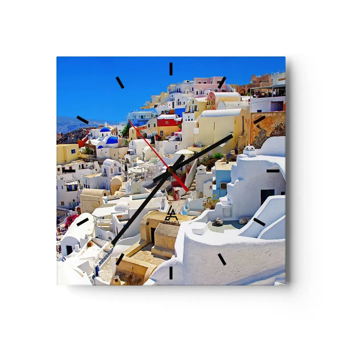 Wanduhr - Glasuhr - Panorama von Santorini mit weißen Häusern und blauem Himmel - 30x30cm - Der Traum vom griechischen Sommer - Moderne Wanddekoration für Wohnzimmer und Schlafzimmer ARTTOR