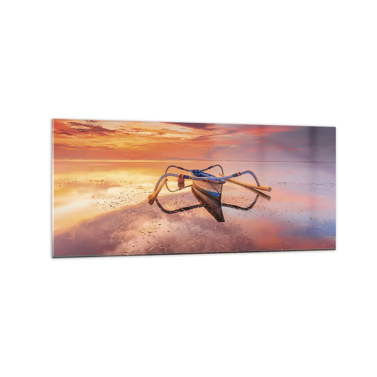 Glasbild - Bild auf glas - Ein Boot auf ruhigem Wasser bei Sonnenuntergang - 120x50cm - Die Ruhe eines tropischen Abends - Moderne Wanddekoration für Wohnzimmer und Schlafzimmer ARTTOR