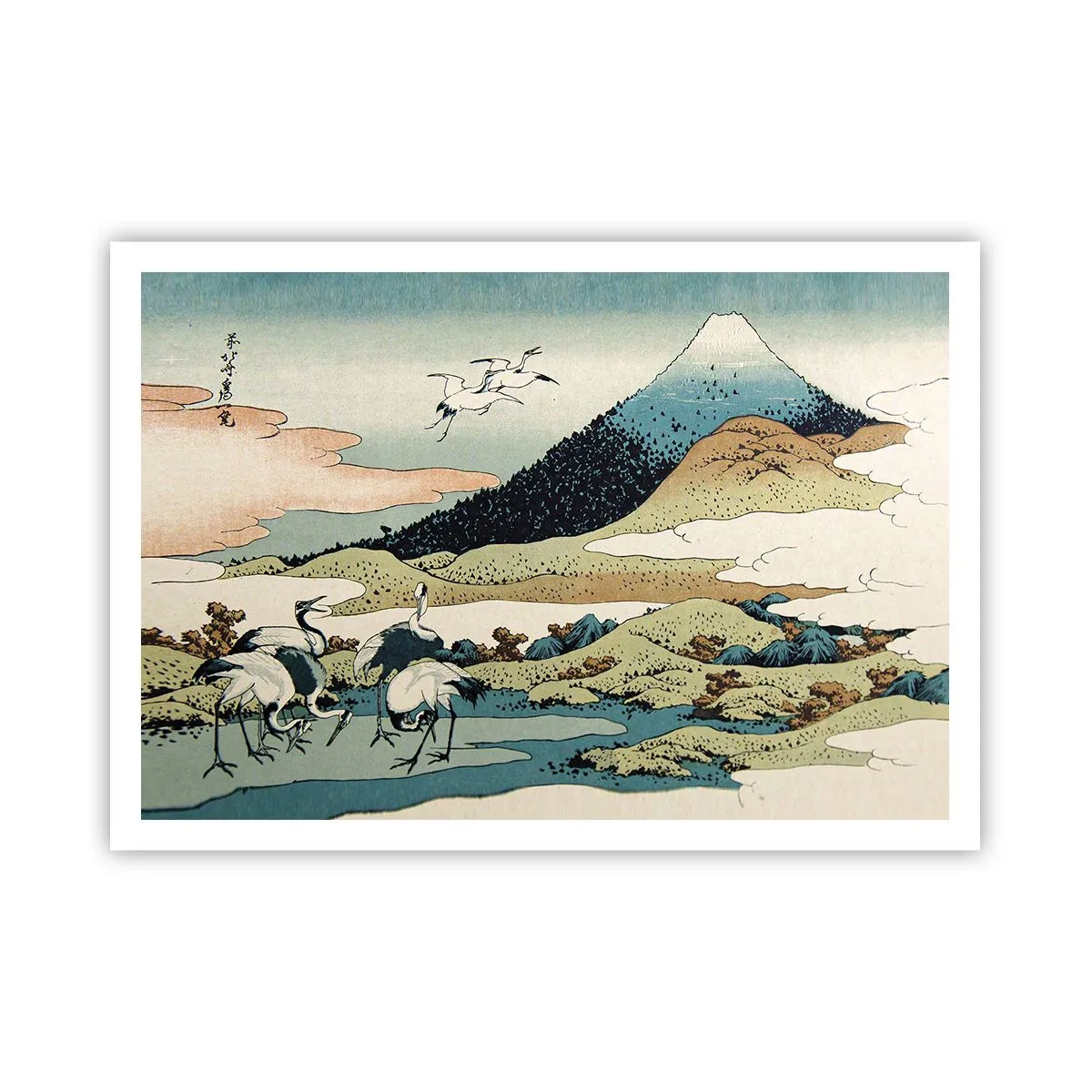 Poster - Traditionelle japanische Grafik mit Bergen und Kranichen - 100x70cm - Im japanischen Geist - Moderne Wanddekoration für Wohnzimmer und Schlafzimmer ARTTOR