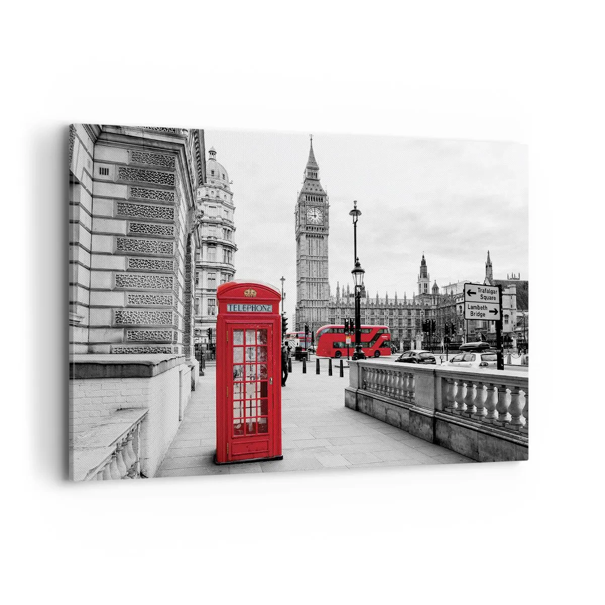 Bild auf Leinwand - Leinwandbild - Eine rote Telefonzelle mit Big Ben im Hintergrund in London - 100x70cm - London, ohne Zweifel - Moderne Wanddekoration für Wohnzimmer und Schlafzimmer ARTTOR