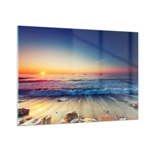 Glasbild - Bild auf glas - Sonnenuntergang über dem Strand mit sanften Wellen und ruhigem Meer - 100x70cm - Was ist mit dem Horizont? - Moderne Wanddekoration für Wohnzimmer und Schlafzimmer ARTTOR