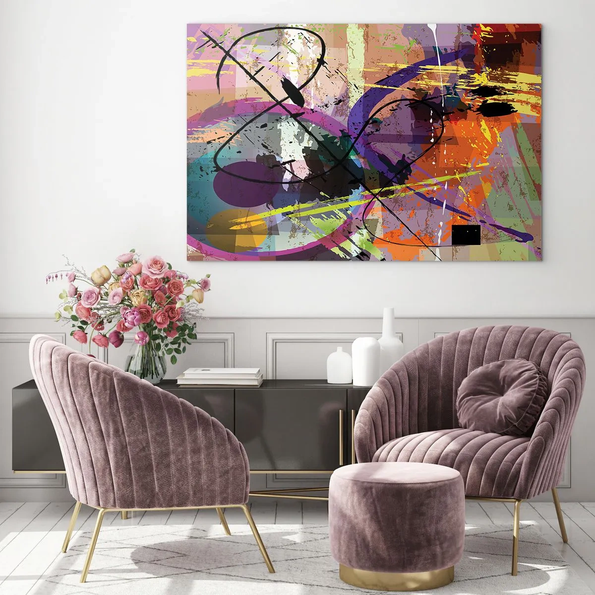 Glasbild - Bild auf glas - Bunte abstrakte Formen und Linien in einer dynamischen Komposition - 120x80cm - Du kannst geradeaus oder umhergehen - Moderne Wanddekoration für Wohnzimmer und Schlafzimmer ARTTOR