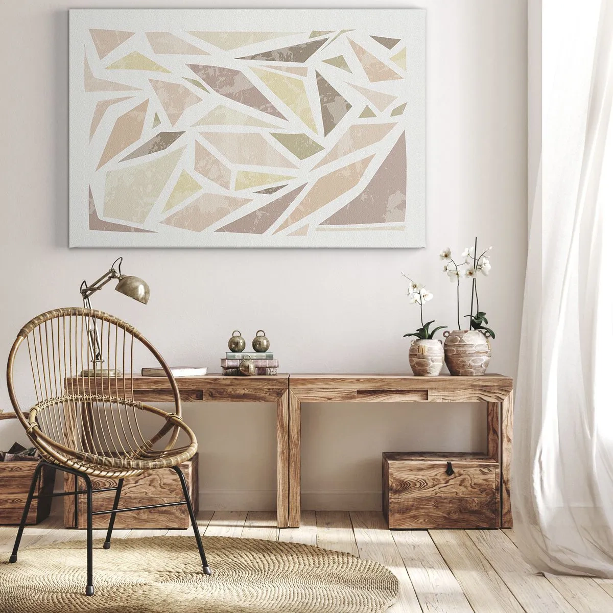 Bild auf Leinwand - Leinwandbild - Abstrakte geometrische Formen in Pastellfarben - 70x50cm - Buntglas-Komposition - Moderne Wanddekoration für Wohnzimmer und Schlafzimmer ARTTOR