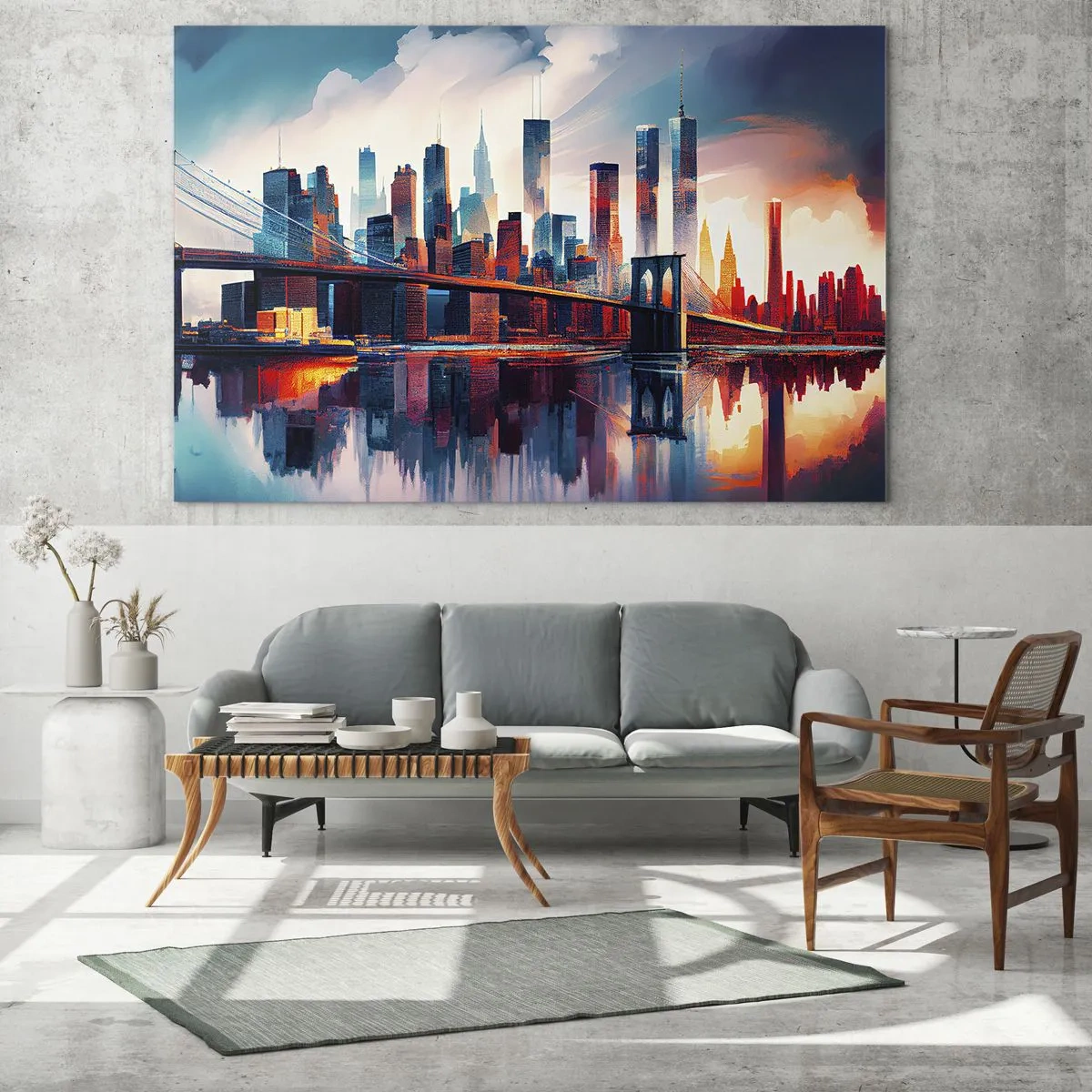 Glasbild - Bild auf glas - Panorama der Stadt mit einer Brücke vor dem bunten Himmel und Spiegelung im Wasser - 120x80cm - Traumhaftes New York - Moderne Wanddekoration für Wohnzimmer und Schlafzimmer ARTTOR