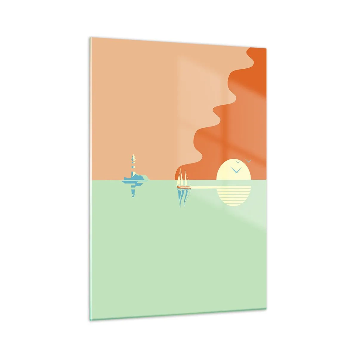 Glasbild - Bild auf glas - Ein minimalistischer Sonnenuntergang mit einem Segelboot und einem Leuchtturm - 50x70cm - Die perfekte Meereslandschaft - Moderne Wanddekoration für Wohnzimmer und Schlafzimmer ARTTOR