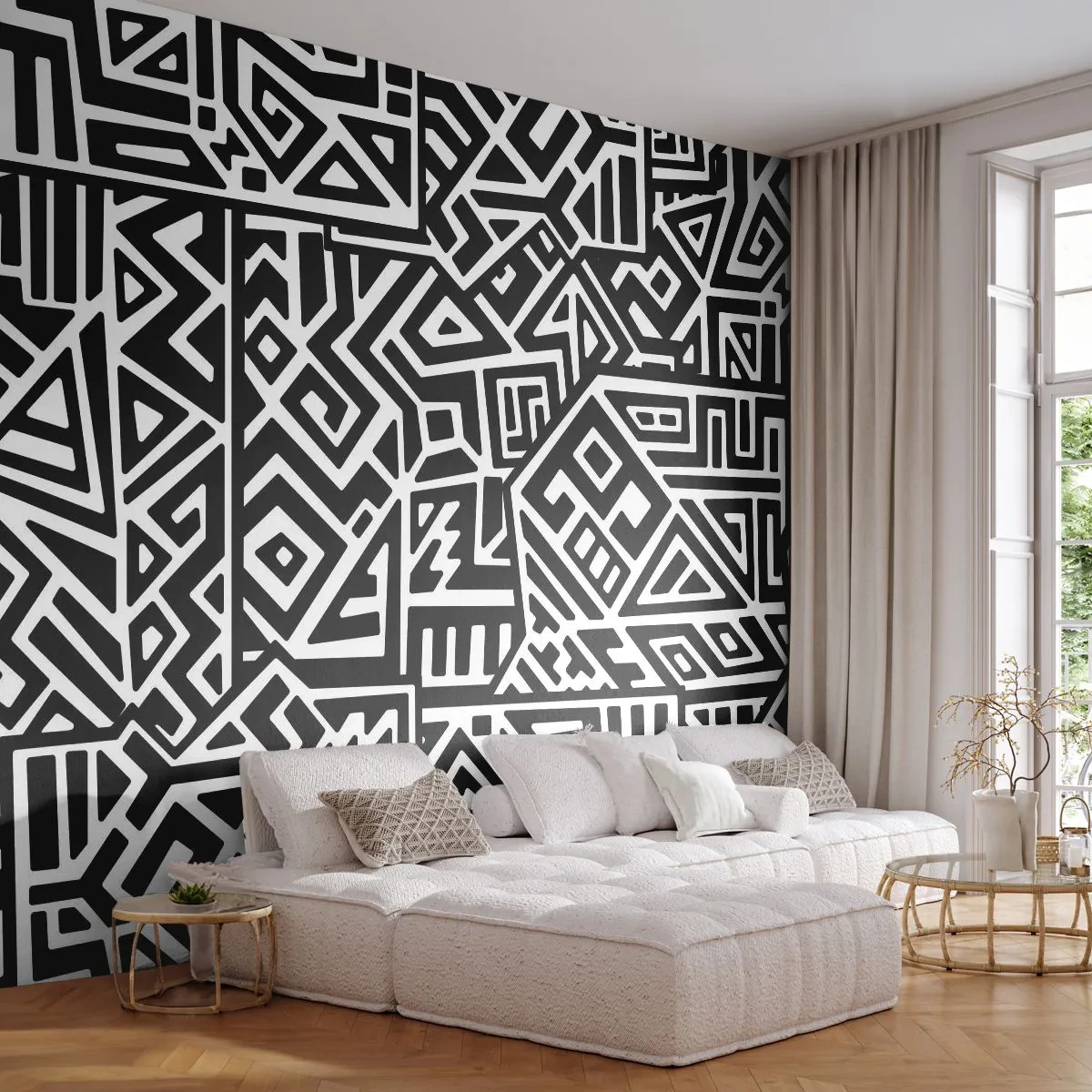 Fototapete Premium Canvas - Präkolumbianische Komposition - Abstraktion, Stück, Schwarz und weiß - 350x256 cm