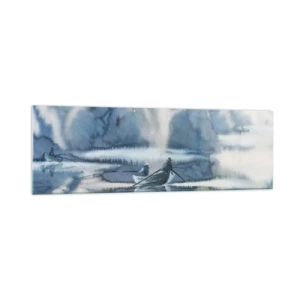 Glasbild - Bild auf glas - Aquarelllandschaft mit Booten auf einem See, umgeben von einem nebligen Wald - 160x50cm - Angler in ihrem Paradies - Moderne Wanddekoration für Wohnzimmer und Schlafzimmer ARTTOR