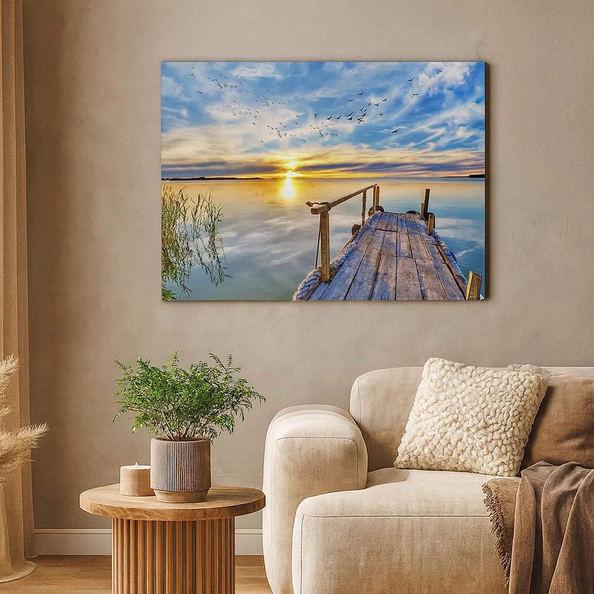 Bild auf Leinwand - Leinwandbild - Holzsteg über dem See bei Sonnenuntergang - 70x50cm - Der Wind geht zur Ruhe - Moderne Wanddekoration für Wohnzimmer und Schlafzimmer ARTTOR