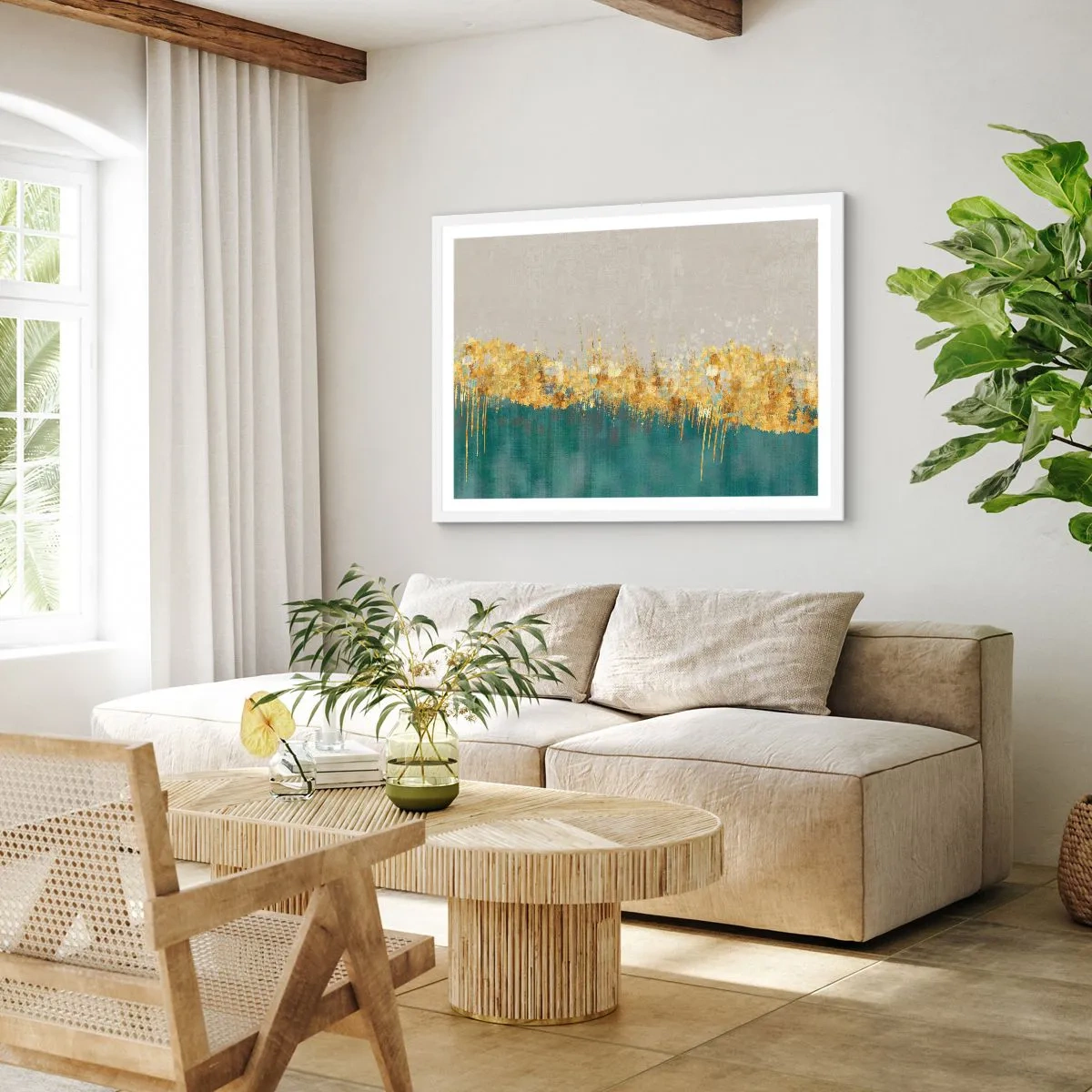 Poster in einem weißen Rahmen - Goldener Rand - 100x70 cm