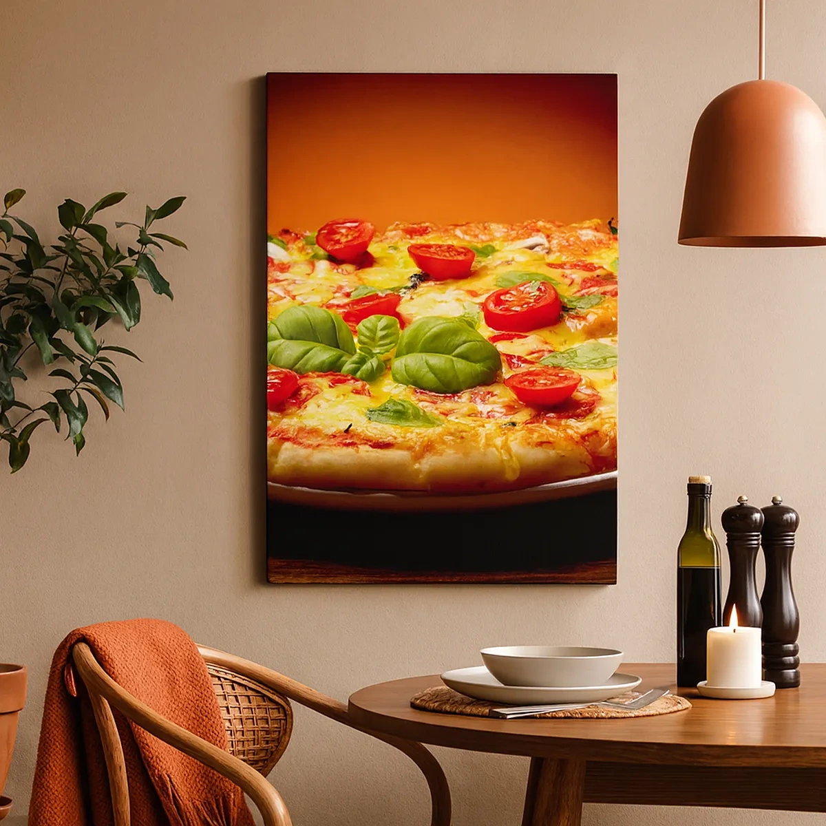 Bild auf Leinwand - Leinwandbild - Pizza mit Tomaten und Basilikum auf einem Holztisch - 50x70cm - Mamma Mia! - Moderne Wanddekoration für Wohnzimmer und Schlafzimmer ARTTOR