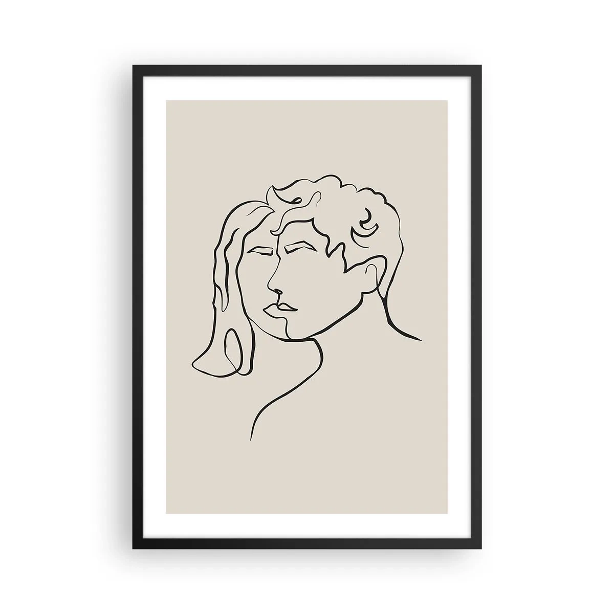 Poster in einem schwarzem Rahmen - Eine minimalistische Skizze der Gesichter eines Paares auf beigem Hintergrund. - 50x70cm - Und es wurde Einheit - Moderne Wanddekoration für Wohnzimmer und Schlafzimmer ARTTOR