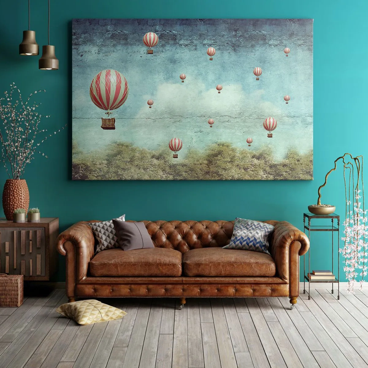 Bild auf Leinwand - Leinwandbild - Retro-Ballons vor blauem Himmel und grünem Hintergrund - 70x50cm - Frei von der Hektik des Lebens - Moderne Wanddekoration für Wohnzimmer und Schlafzimmer ARTTOR