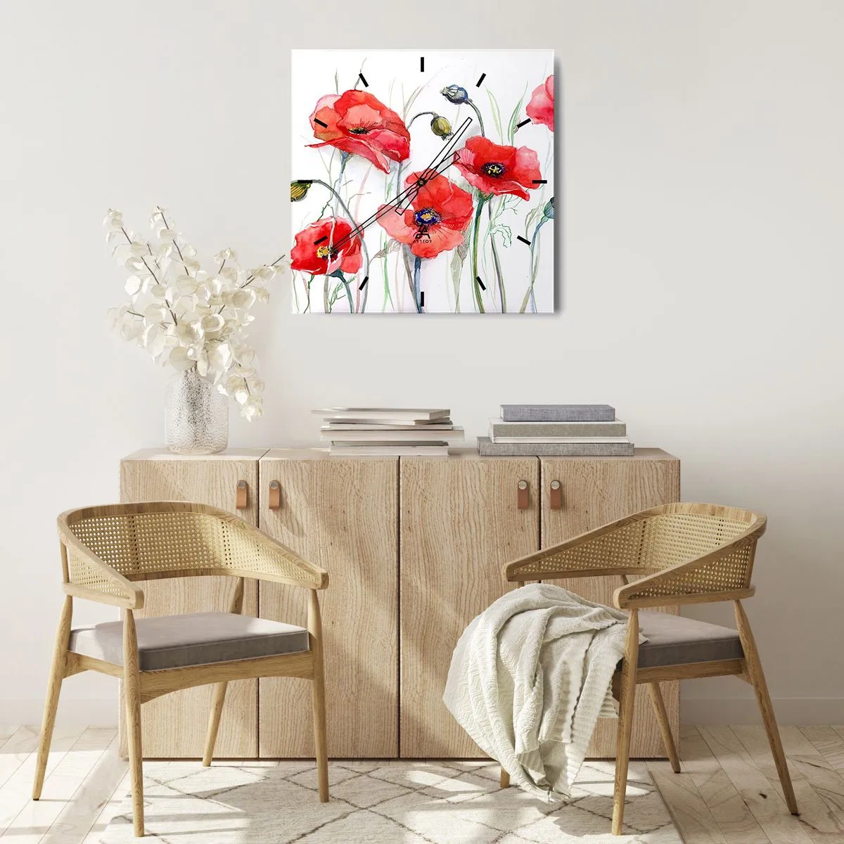 Wanduhr - Glasuhr - Aquarell-Mohnblumen auf zartem Hintergrund - 30x30cm - Polnische Blumen - Moderne Wanddekoration für Wohnzimmer und Schlafzimmer ARTTOR