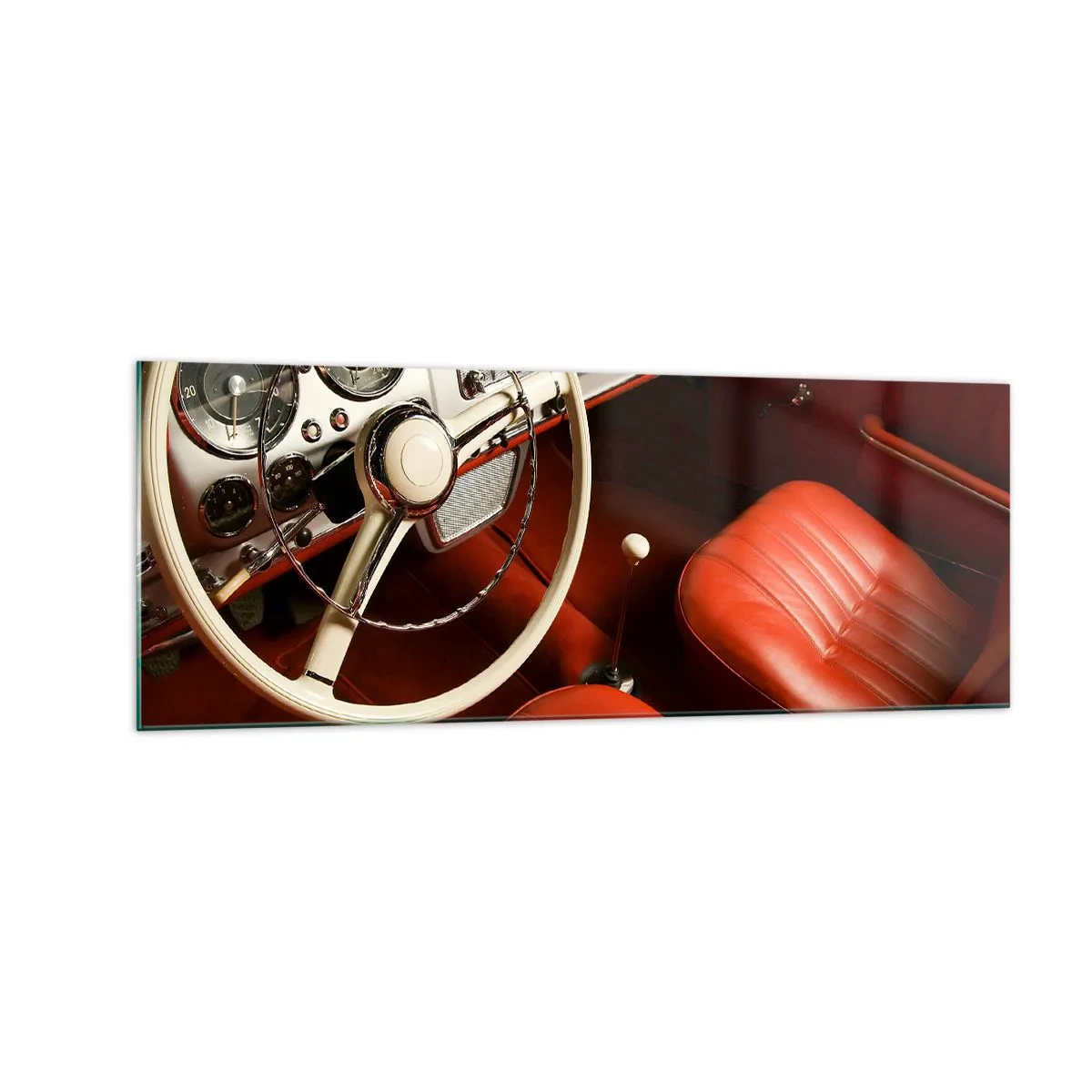 Glasbild - Bild auf glas - Oldtimer-Innenraum mit roten Ledersitzen - 140x50cm - Luxus im Vintagestil - Moderne Wanddekoration für Wohnzimmer und Schlafzimmer ARTTOR