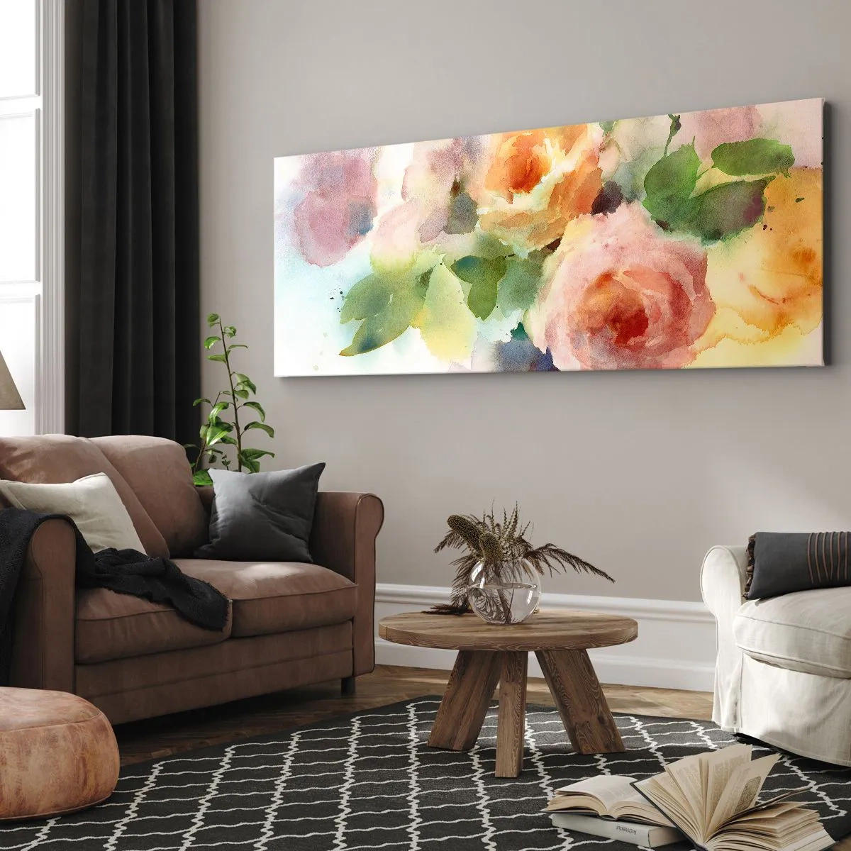 Bild auf Leinwand - Leinwandbild - Zarte Rosen im Aquarell-Stil auf hellem Hintergrund - 160x50cm - Zart wie Aquarell - Moderne Wanddekoration für Wohnzimmer und Schlafzimmer ARTTOR