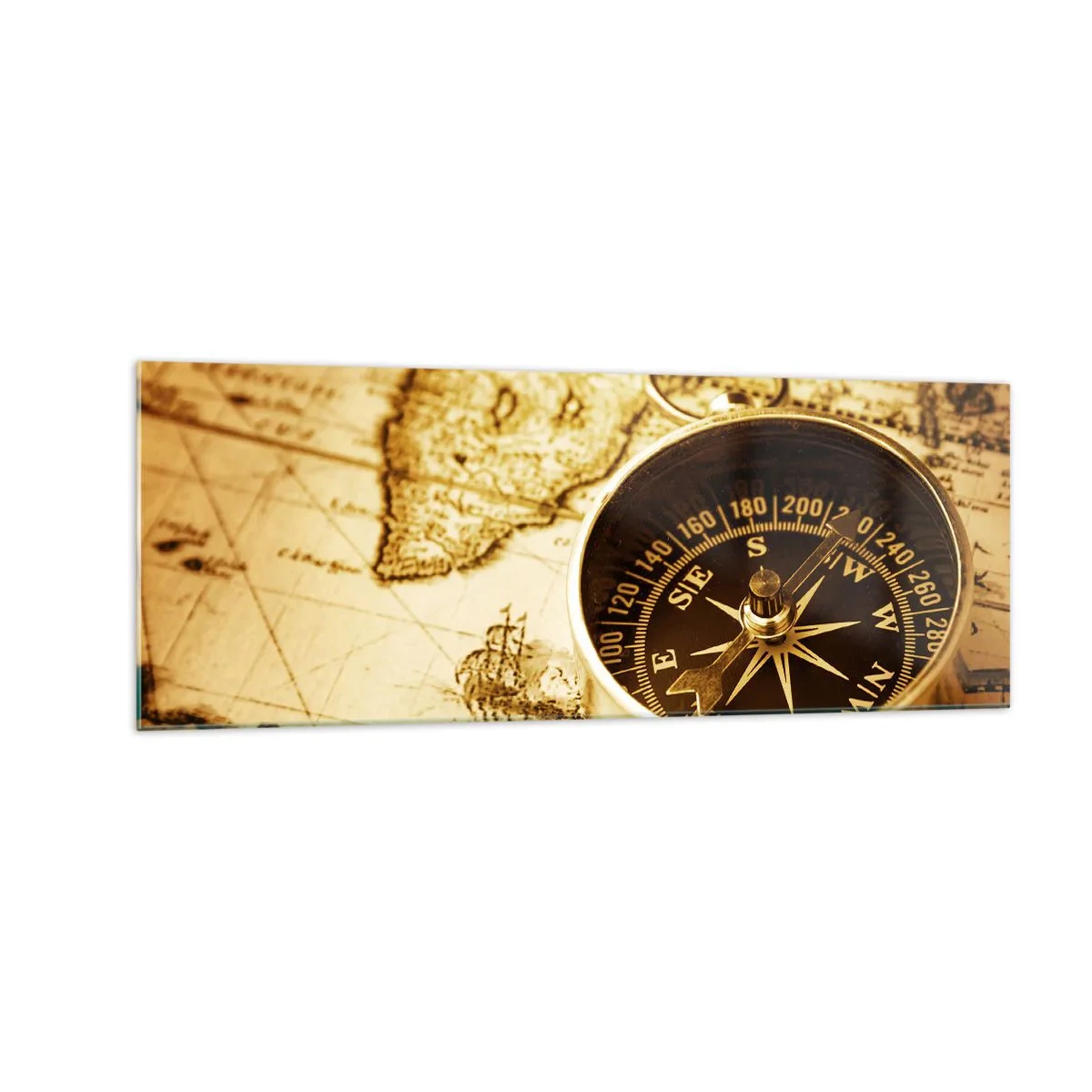 Glasbild - Bild auf glas - Ein antiker Kompass vor dem Hintergrund einer alten Weltkarte - 140x50cm - Ost oder West? - Moderne Wanddekoration für Wohnzimmer und Schlafzimmer ARTTOR