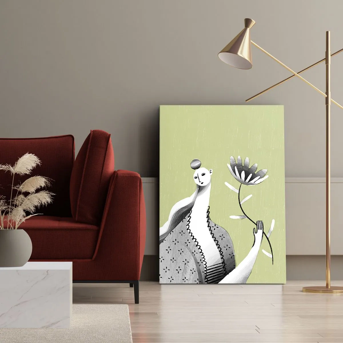 Bild auf Leinwand - Leinwandbild - Modernistisches Porträt – eine Blume haltend - 70x100 cm