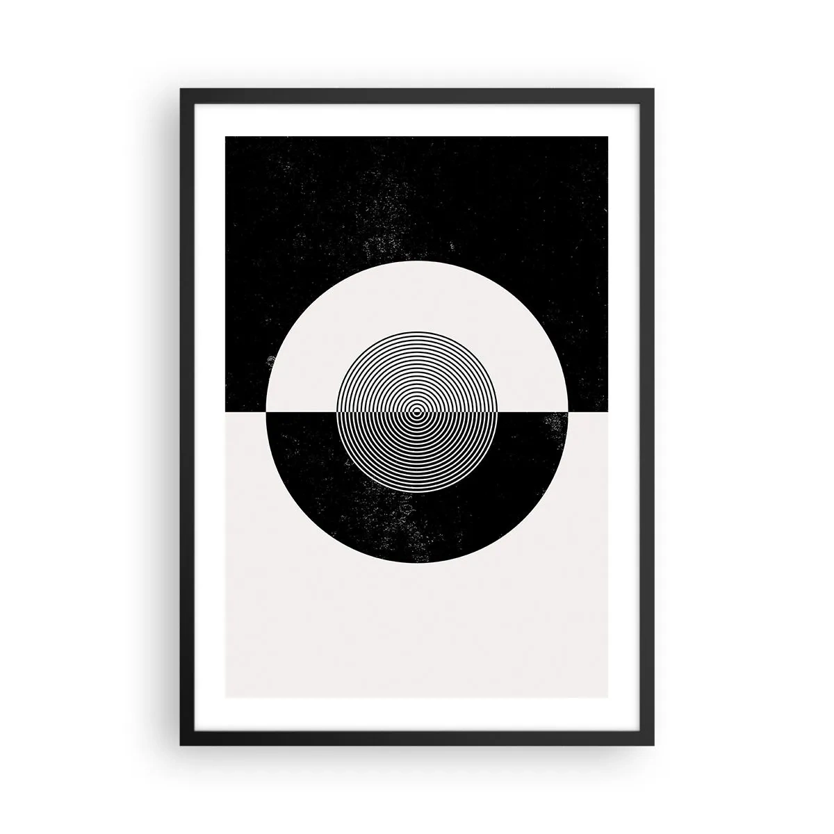 Poster in einem schwarzem Rahmen - Geometrisches Muster in Schwarz und Weiß mit einem konzentrischen Kreis - 50x70cm - Harmonie in Schwarz und Weiß - Moderne Wanddekoration für Wohnzimmer und Schlafzimmer ARTTOR