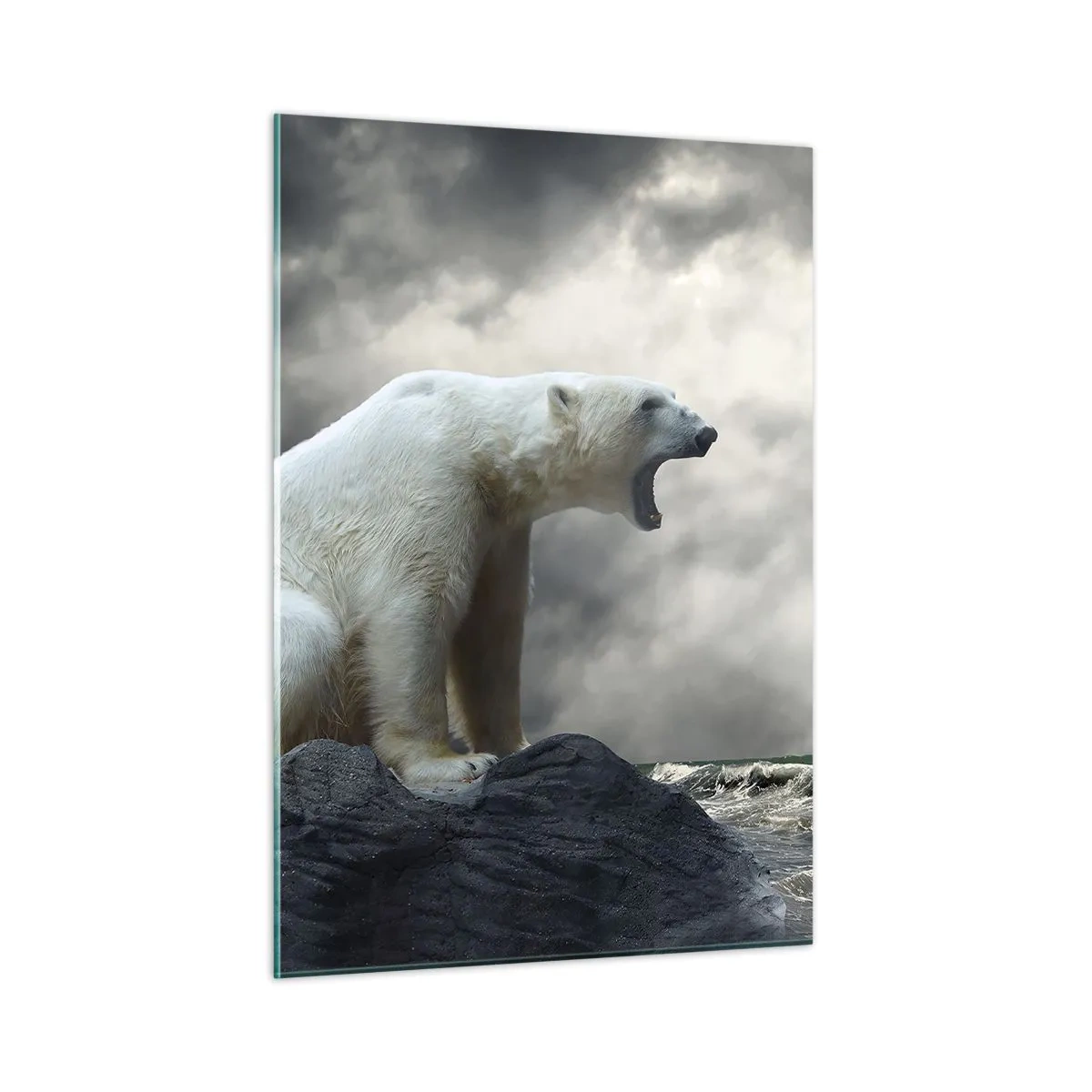 Glasbild - Bild auf glas - Ein Eisbär vor einem stürmischen Himmel - 50x70cm - Der einsame König der Arktis - Moderne Wanddekoration für Wohnzimmer und Schlafzimmer ARTTOR