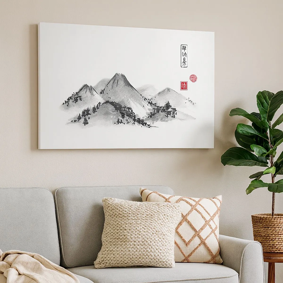 Bild auf Leinwand - Leinwandbild - Traditionelle Berglandschaft im Stil der japanischen Tuschemalerei - 70x50cm - Unendliche Fernen - Moderne Wanddekoration für Wohnzimmer und Schlafzimmer ARTTOR