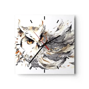 Wanduhr - Glasuhr - Eine Eule mit mystischen Federn in einer künstlerischen Aquarellform - 30x30cm - Sie kam aus der Welt der Magie - Moderne Wanddekoration für Wohnzimmer und Schlafzimmer ARTTOR
