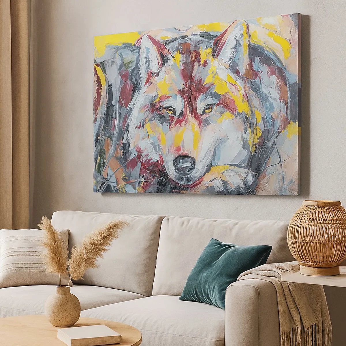 Bild auf Leinwand - Leinwandbild - Künstlerisches Wolfsportrait in intensiven Farben - 70x50cm - Seelenfrieden unter den Lieben - Moderne Wanddekoration für Wohnzimmer und Schlafzimmer ARTTOR