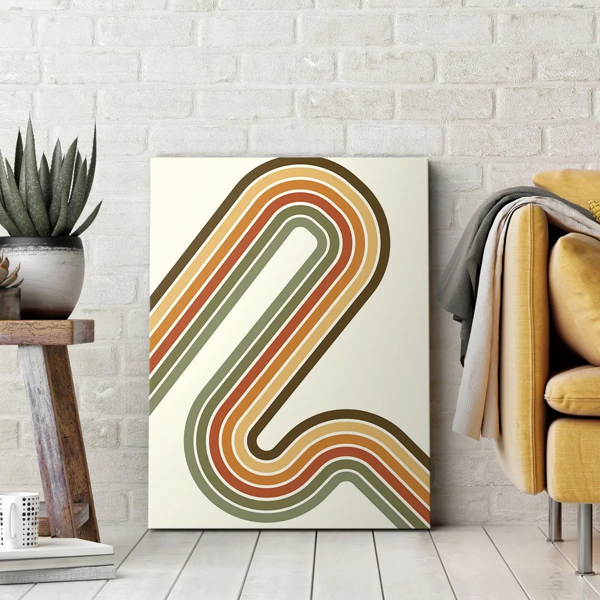 Bild auf Leinwand - Leinwandbild - Geometrisches Muster in Grün-, Orange- und Beigetönen auf hellem Hintergrund - 80x120cm - Zickzack zum Ziel - Moderne Wanddekoration für Wohnzimmer und Schlafzimmer ARTTOR