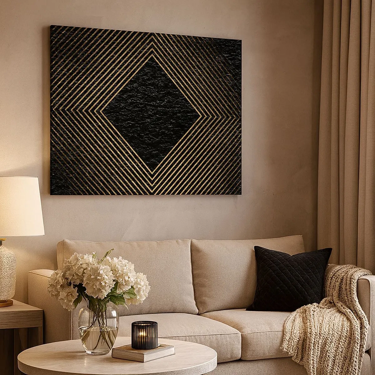 Bild auf Leinwand - Leinwandbild - Schwarzer Hintergrund mit einem geometrischen Muster aus goldenen Linien - 70x50cm - Geometrie im glamourösen Stil - Moderne Wanddekoration für Wohnzimmer und Schlafzimmer ARTTOR