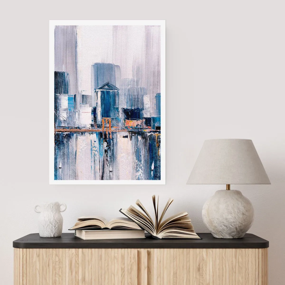 Poster - Abstraktes Stadtpanorama in Blau- und Weißtönen - 50x70cm - New Yorker Eindruck - Moderne Wanddekoration für Wohnzimmer und Schlafzimmer ARTTOR