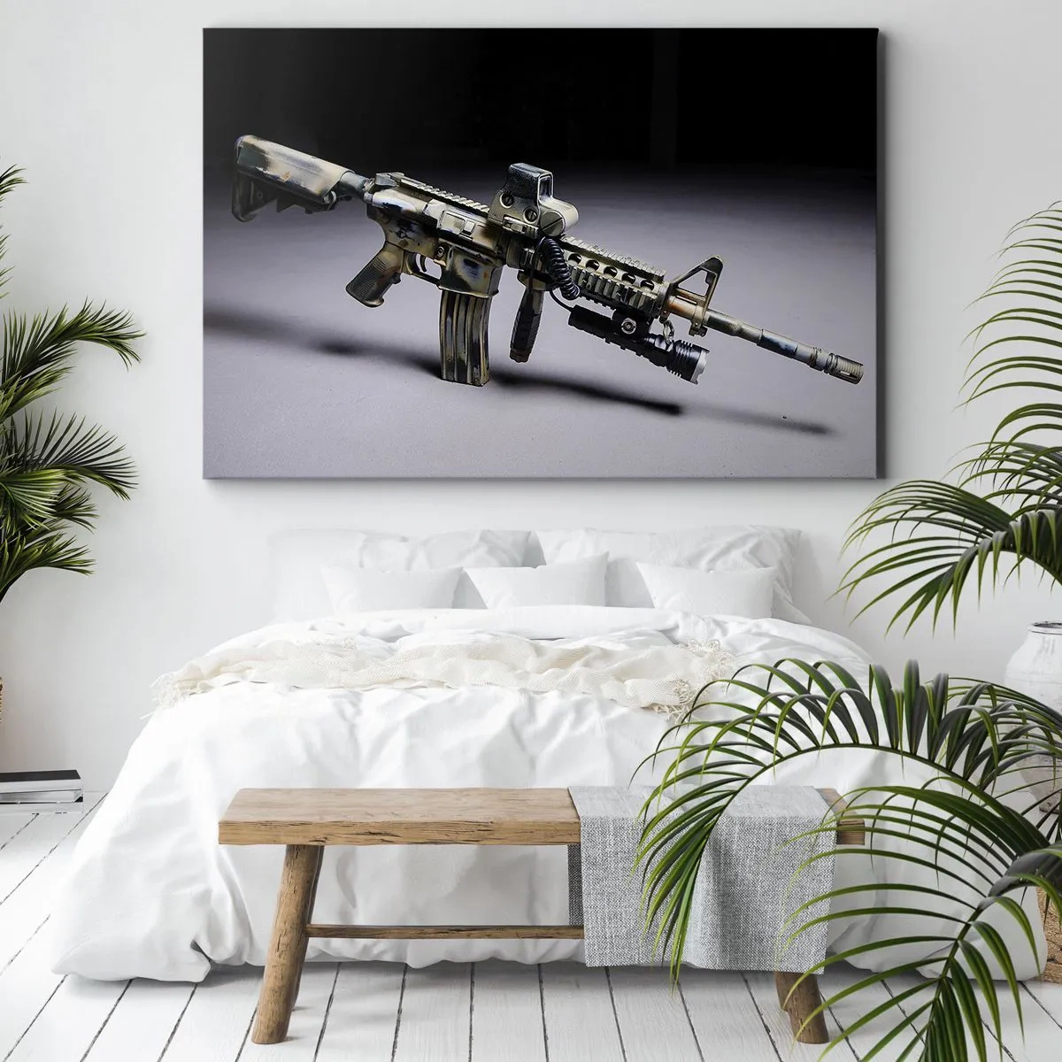 Bild auf Leinwand - Leinwandbild - Moderne Waffe in Tarnfarbe auf dunklem Hintergrund - 120x80cm - Immer bedrohlich - Moderne Wanddekoration für Wohnzimmer und Schlafzimmer ARTTOR