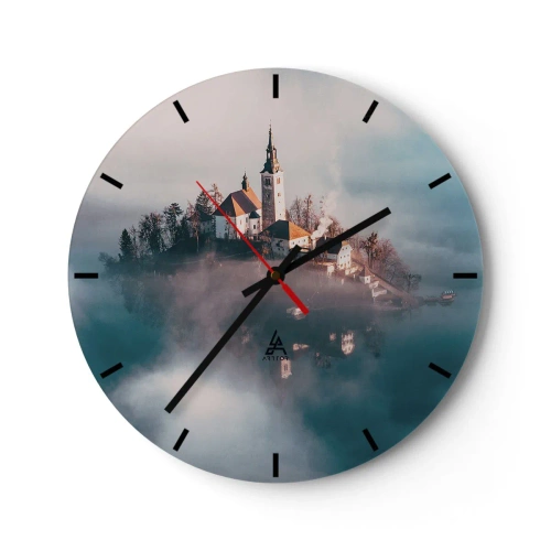 Wanduhr - Glasuhr - Eine Insel mit einer Kirche, umgeben von Nebel und Wasser - 30x30cm - Trauminsel - Moderne Wanddekoration für Wohnzimmer, Küche und Schlafzimmer ARTTOR