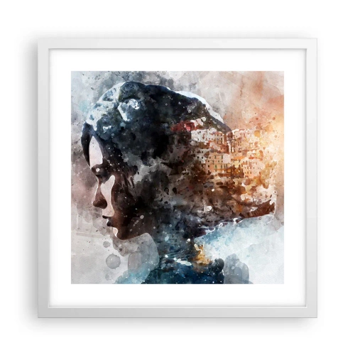 Poster in einem weißen Rahmen - Eine Geschichte über ein Mädchen mit einer Stadt im Hintergrund - 40x40 cm