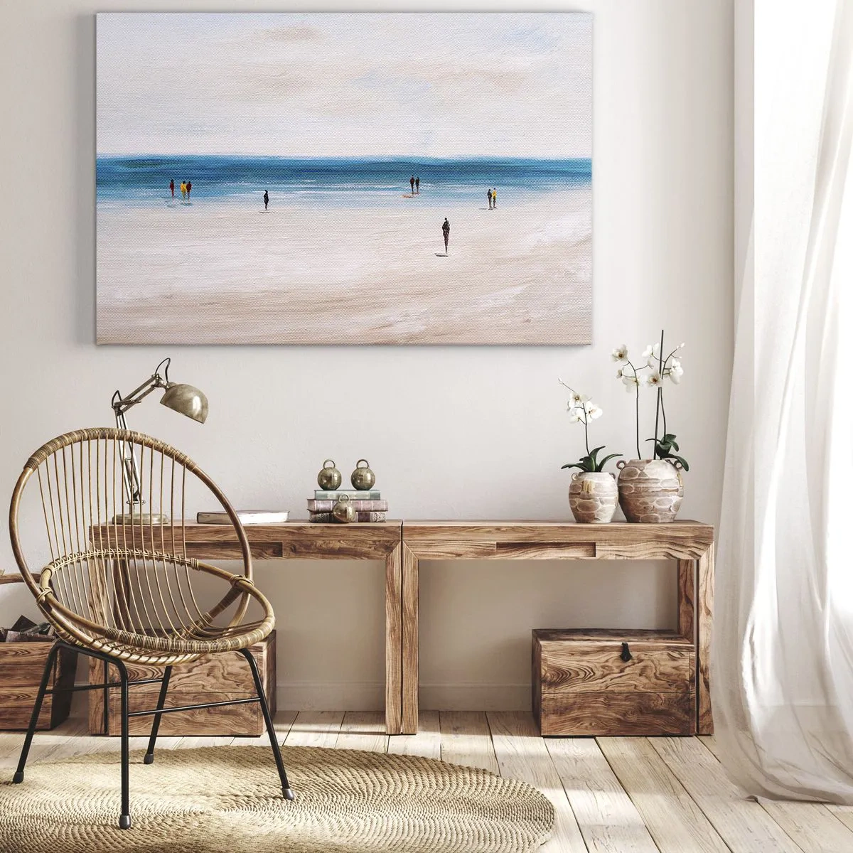 Bild auf Leinwand - Leinwandbild - Ein Strand mit Menschen vor der Kulisse eines ruhigen Meeres - 100x70cm - Natürliches Bedürfnis - Moderne Wanddekoration für Wohnzimmer und Schlafzimmer ARTTOR