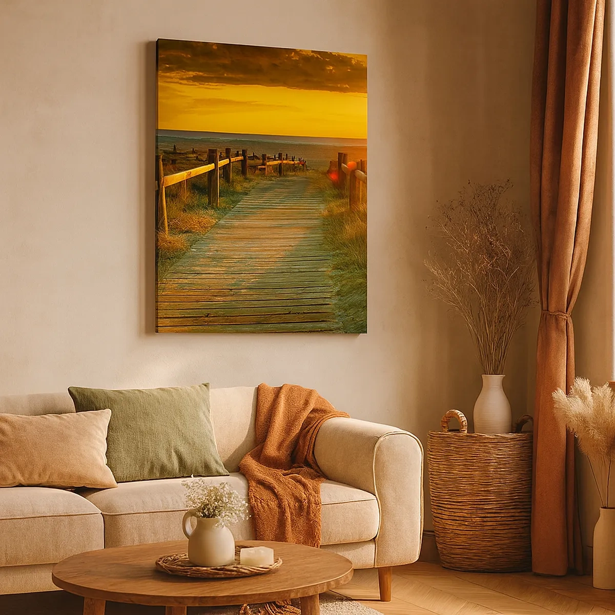 Bild auf Leinwand - Leinwandbild - Ein Holzweg, der im Schein der untergehenden Sonne zum Strand führt - 50x70cm - In altem Gold gebadet - Moderne Wanddekoration für Wohnzimmer und Schlafzimmer ARTTOR