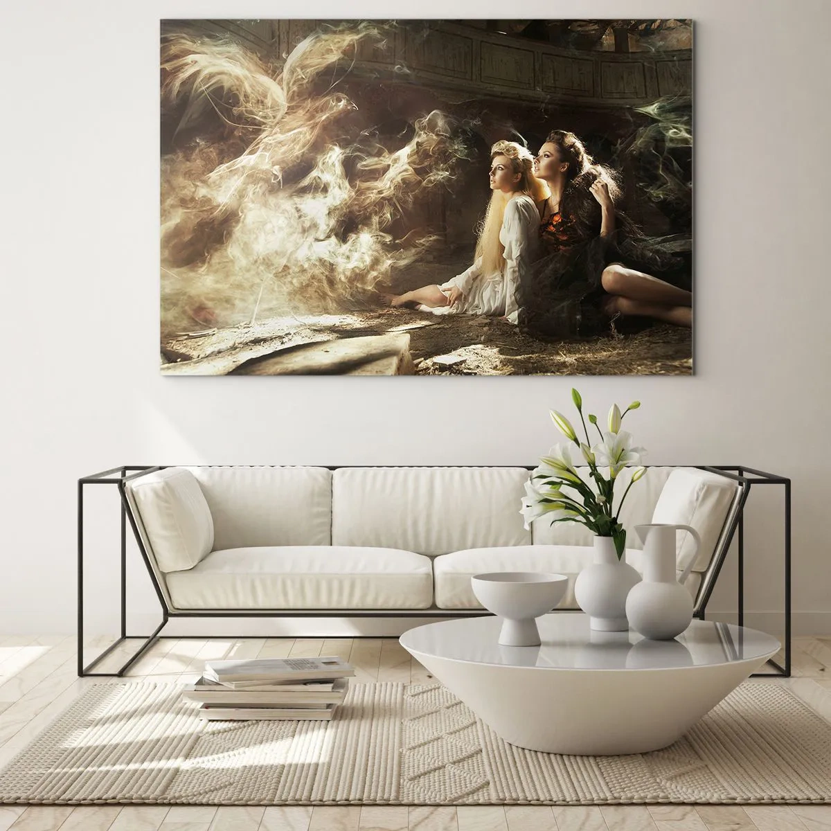Glasbild - Bild auf glas - Zwei Frauen mit einem feurigen Phönix in einer magischen Umgebung - 70x50cm - Und es gab Poesie - Moderne Wanddekoration für Wohnzimmer und Schlafzimmer ARTTOR