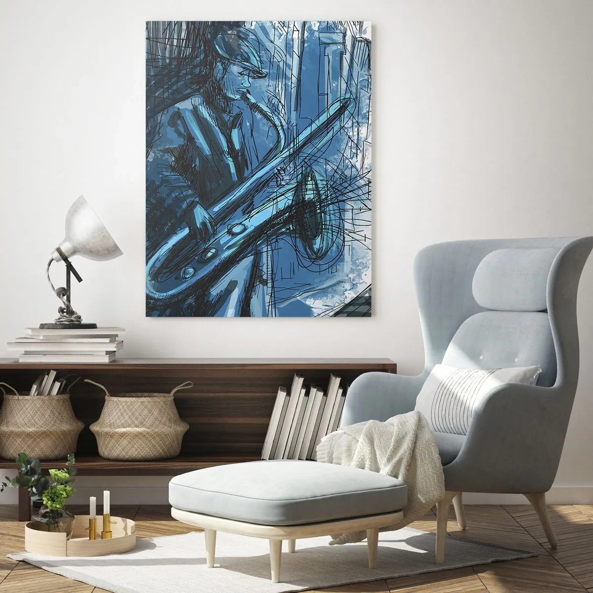 Glasbild - Bild auf glas - Eine Saxophon spielende Figur vor dem Hintergrund einer Stadt - 80x120cm - Urbane Rhapsodie - Moderne Wanddekoration für Wohnzimmer und Schlafzimmer ARTTOR