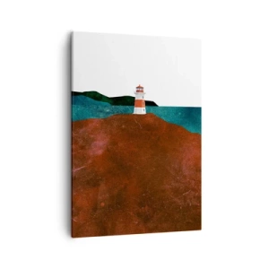 Bild auf Leinwand - Leinwandbild - Ein Leuchtturm vor der Kulisse von Bergen und Meer - 50x70cm - Aufs Meer starren - Moderne Wanddekoration für Wohnzimmer und Schlafzimmer ARTTOR