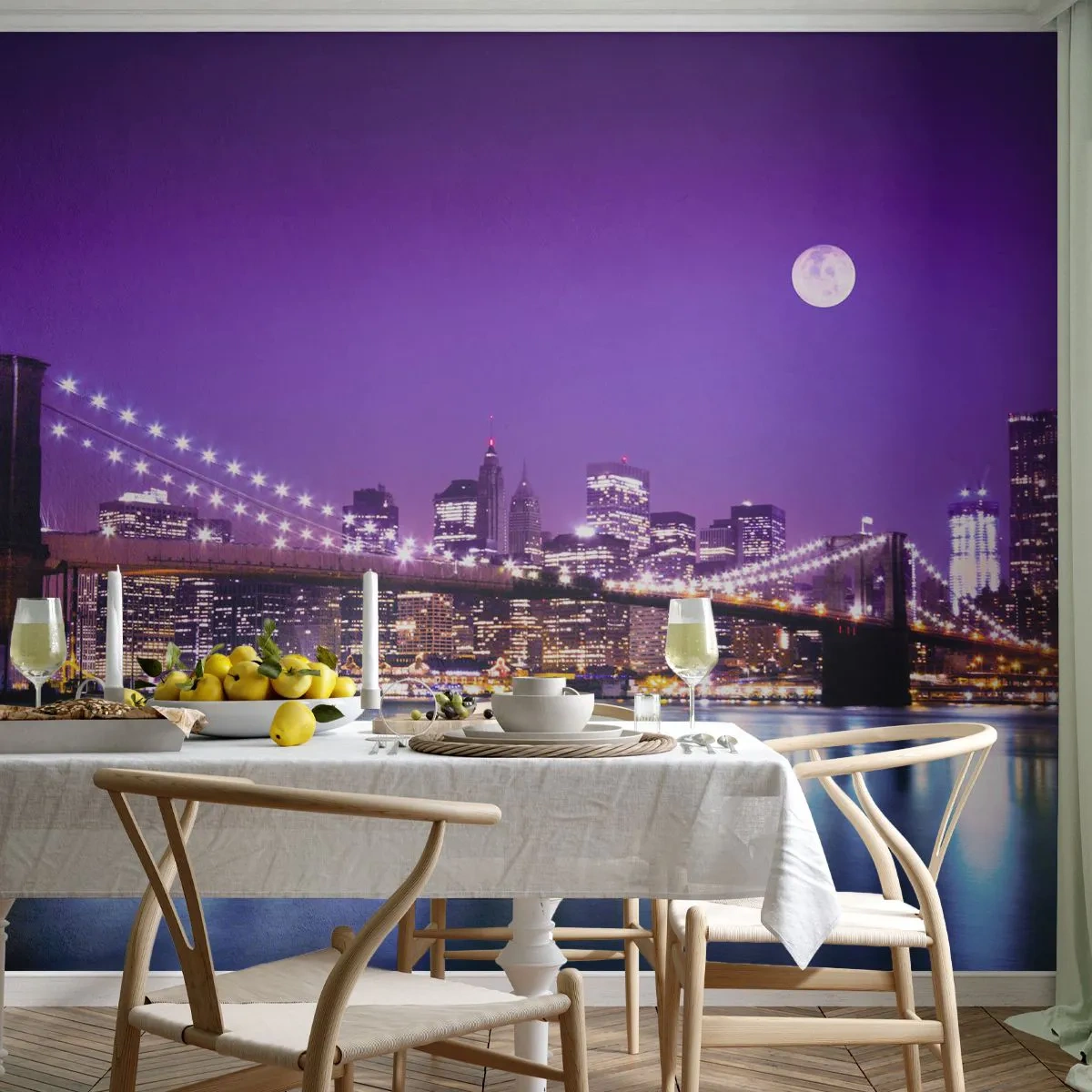 Fototapete Premium Canvas - Die Lichter der Großstadt in Lila - Stadt, New York, Brooklyn Brücke - 300x210 cm