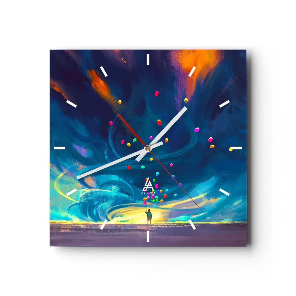 Wanduhr - Glasuhr - Eine Figur mit Luftballons vor einem Hintergrund wirbelnder, bunter Wolken - 30x30cm - Zum blauen Wind - Moderne Wanddekoration für Wohnzimmer und Schlafzimmer ARTTOR