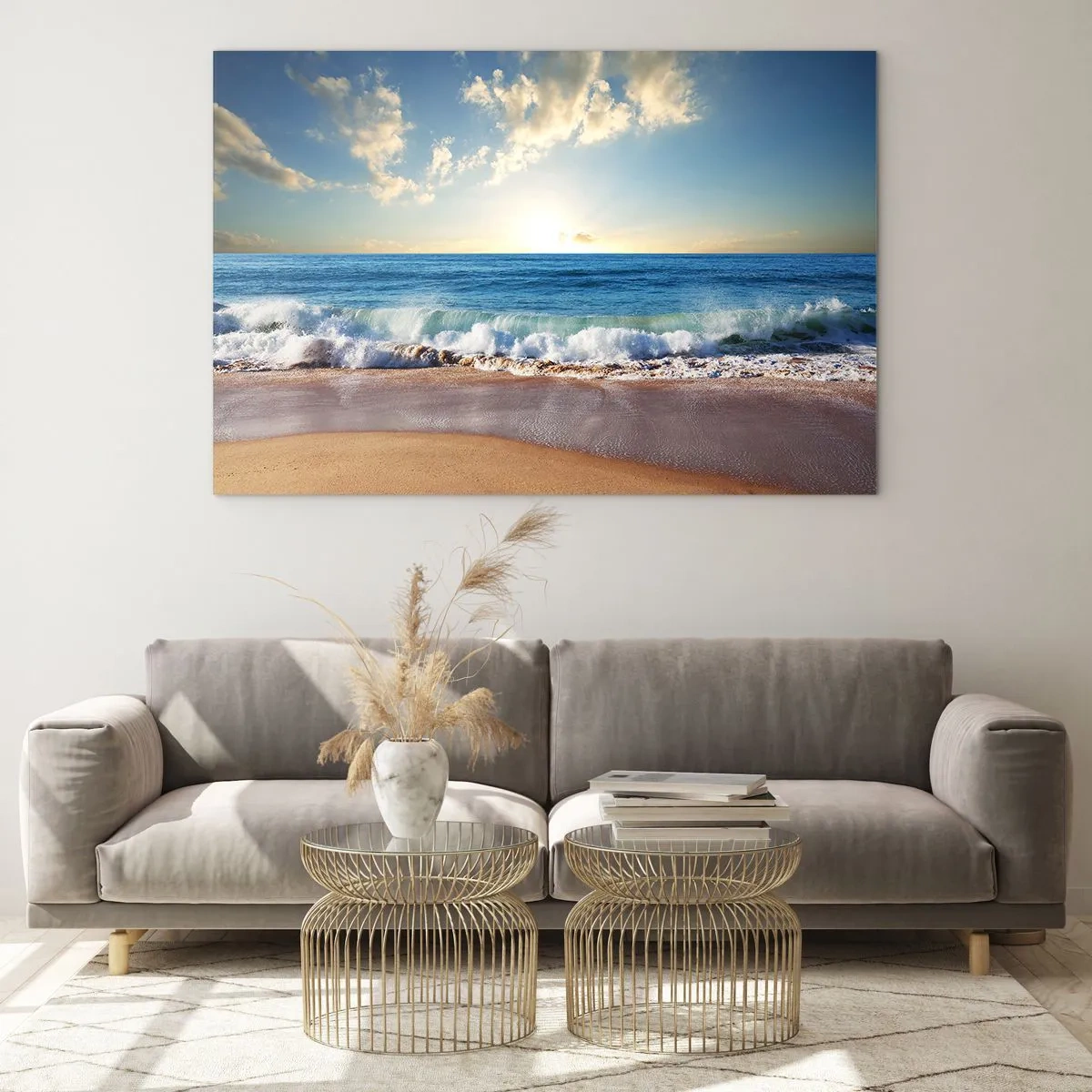 Glasbild - Bild auf glas - Meereswellen brechen bei Sonnenaufgang an einem goldenen Strand - 100x70cm - Bewegung und Stille zugleich - Moderne Wanddekoration für Wohnzimmer und Schlafzimmer ARTTOR