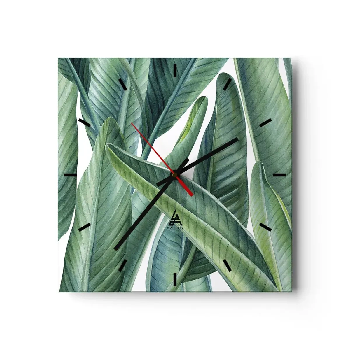 Wanduhr - Glasuhr - Grüne Blätter im minimalistischen, botanischen Stil - 30x30cm - An und für sich Grün - Moderne Wanddekoration für Wohnzimmer und Schlafzimmer ARTTOR