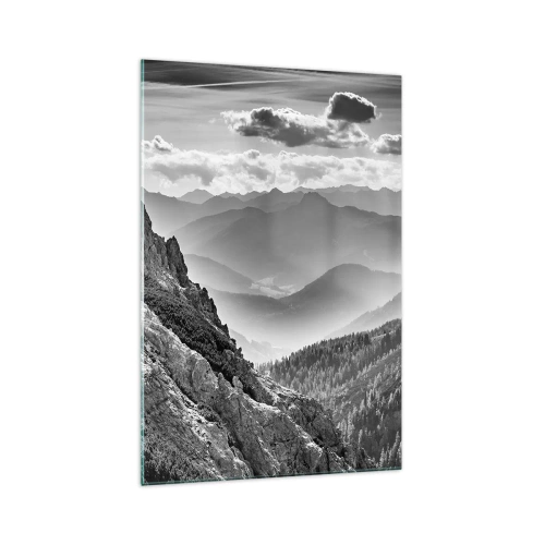 Glasbild - Bild auf glas - Schwarz-weiße Berglandschaft mit Wolken über den Gipfeln - 70x100cm - Bis zum Horizont - Moderne Wanddekoration für Wohnzimmer und Schlafzimmer ARTTOR