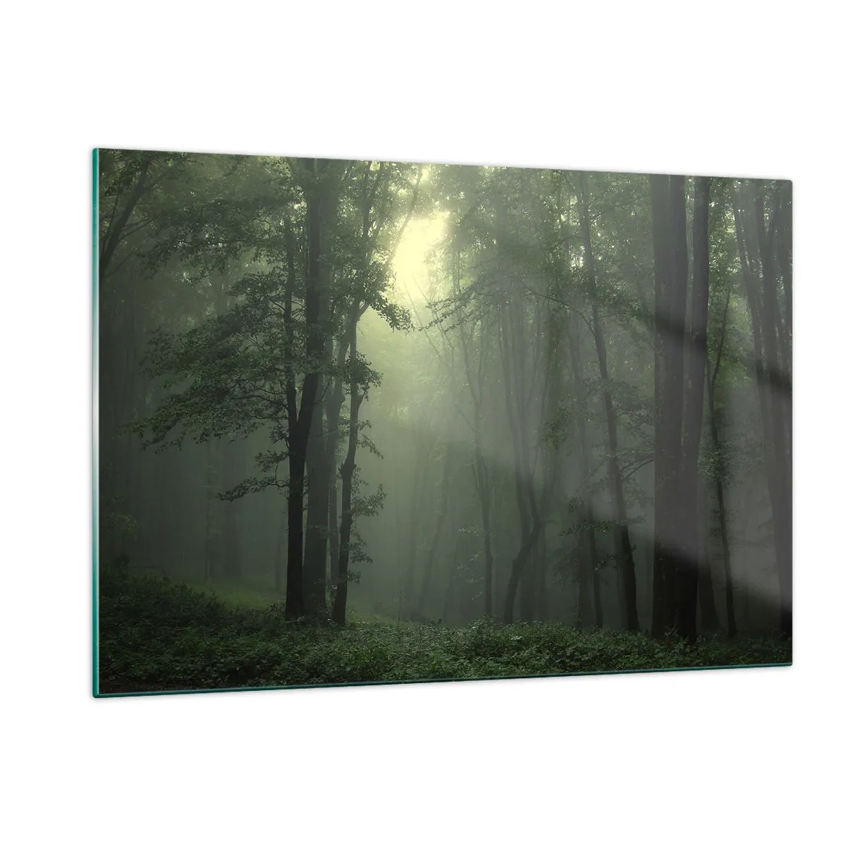 Glasbild - Bild auf glas - Ein dunkler Wald, in Nebel gehüllt, mit Lichtstrahlen - 120x80cm - Bevor er aufwacht - Moderne Wanddekoration für Wohnzimmer und Schlafzimmer ARTTOR