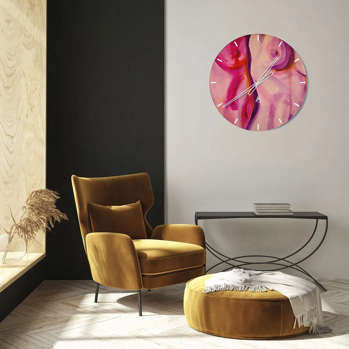 Wanduhr - Glasuhr - Künstlerische abstrakte Formen in Rosa- und Rottönen - 30x30cm - Ode an die Weiblichkeit - Moderne Wanddekoration für Wohnzimmer, Küche und Schlafzimmer ARTTOR