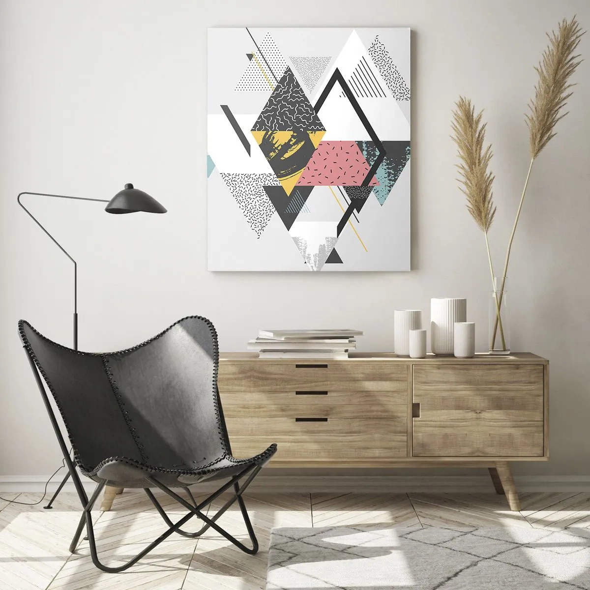 Glasbild - Bild auf glas - Geometrische Muster auf hellem Hintergrund - 80x120cm - Variation über Dreieck und Raute - Moderne Wanddekoration für Wohnzimmer und Schlafzimmer ARTTOR