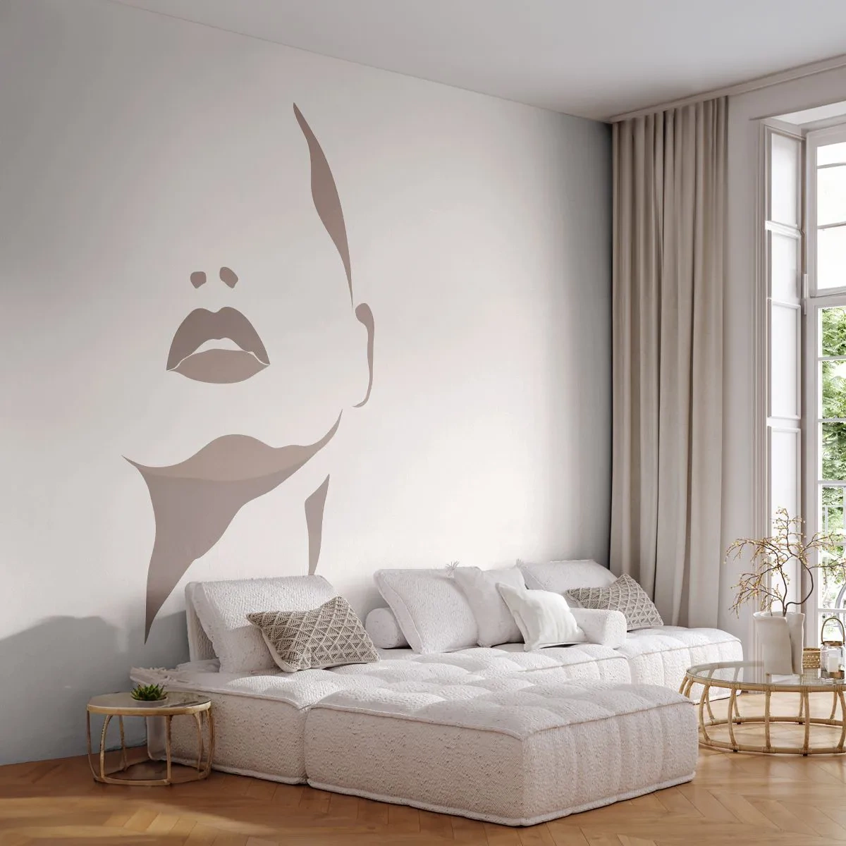 Fototapete Premium Sand - Aus Licht und Schatten - Das Gesicht einer Frau, Frau, Stück - 100x70 cm